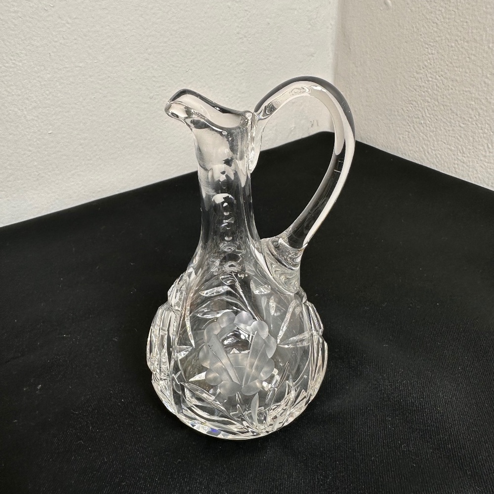 Vintage Cut Crystal Glass Pitcher Etched Floral Design Clear Glass Decanter 6"